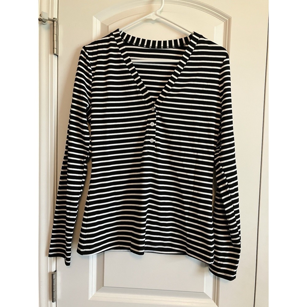Unbranded Pullover Top Women Large Black White Like New Striped V-Neck Henley